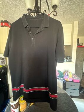 Gucci Black Polo with Red and Green Hem Stripes